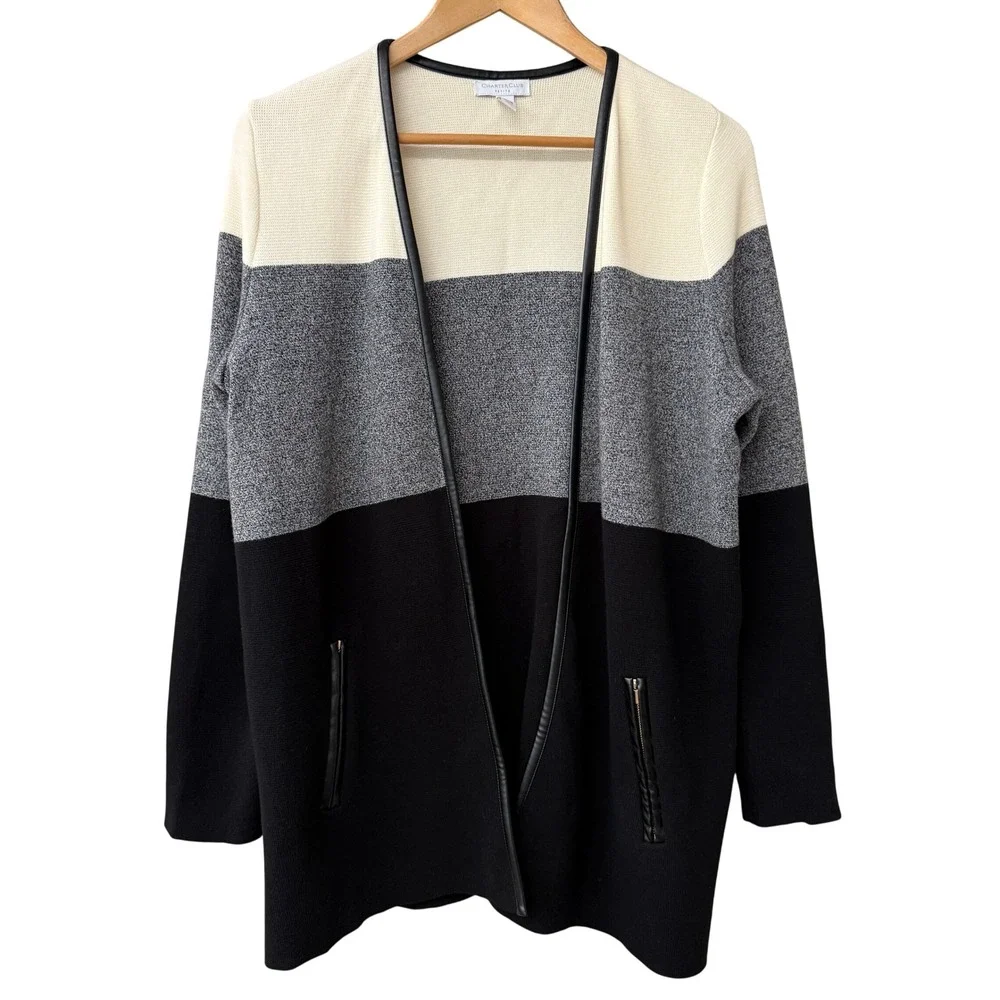 Charter Club Women Colorblock Cardigan Size P Large Cotton Faux Leather Trim